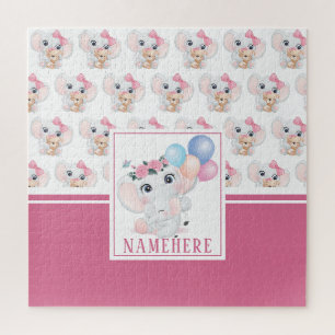 Puzzle Éléphant Rose Féminin avec Nœud et Motif de Ballon