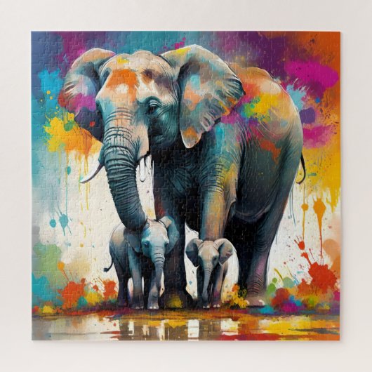 Puzzle Eléphants De La Mère Et Du Bébé Couleur Splash, (Vertical)