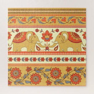 Puzzle Éléphants ethniques, fleurs, motif sans couture.