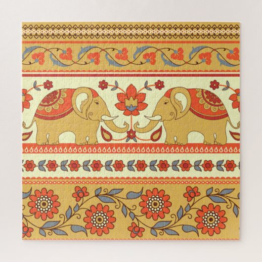Puzzle Éléphants ethniques, fleurs, motif sans couture. (Vertical)