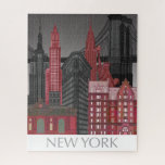 Puzzle Élévations de New York par nuit - Rouge<br><div class="desc">"New York Elevations by Night Red" par Fab Funky. Vous pourrez admirer des points de repère populaires de New York la nuit dans des tons rouges et gris.</div>