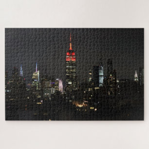 Puzzle Empire State Building in Red Night Skyline