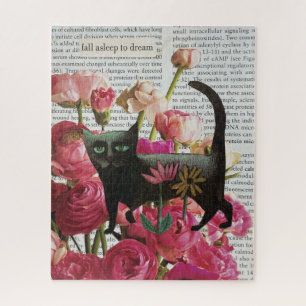 Puzzle Endormez-vous pour rêver Chat noir Fleurs roses ch