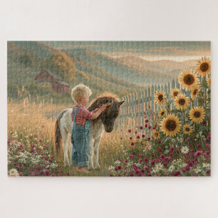 Puzzle Enfant de campagne Poney Tournesols Montagnes Prai
