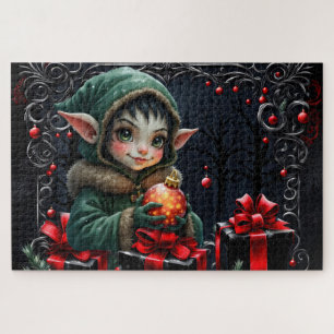 Puzzle Enfant Elfe mignon en manteau à capuchon vert