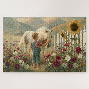 Puzzle Enfant Poney Fleurs Sauvages Montagnes Prairie
