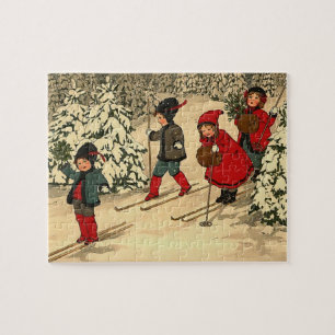Puzzle Enfants faisant du ski, une scène hivernale vintag