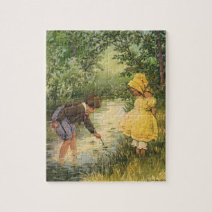 Puzzle Enfants Vintage, Garçon et Fille Jouant au Ruissea