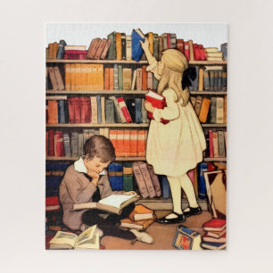 Puzzle Enfants vintage lisant des livres de bibliothèque