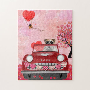 Puzzle English Bulldog Driving Car with Hearts Valentine'