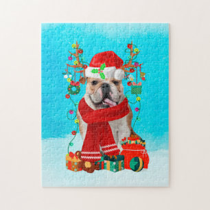 Puzzle English Bulldog in snow with Christmas gifts