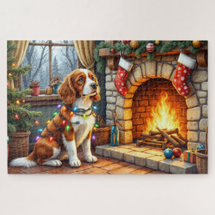 Puzzle Épagneul breton cheminée avec lumières de Noël