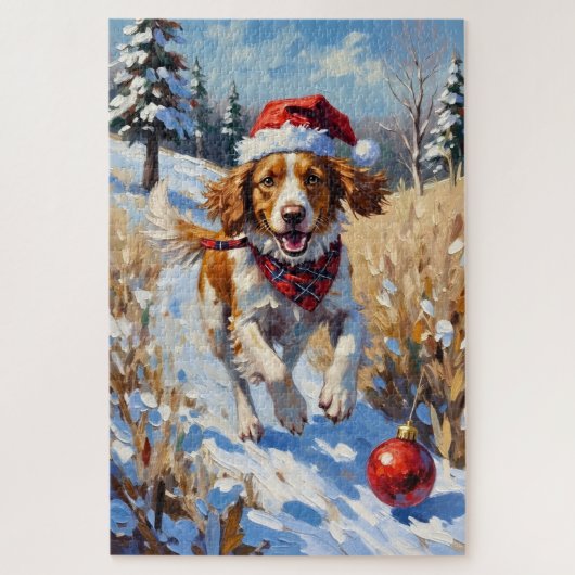 Puzzle Épagneul breton poursuivant un ornement de Noël (Vertical)