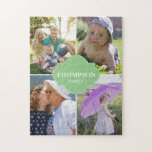 Puzzle Étiquette vert vertical 4 Family Photo Collage<br><div class="desc">Customisez ce puzzle avec des photos de famille, incluez votre photo préférée des enfants, grands-parents, parents, animaux de compagnie, etc. Jusqu'à 4 images à remplacer. Changez toutes les photos et le nom de famille. Faites un grand cadeau pour le temps en famille. Un cadre étiquette vert détail design sur le...</div>