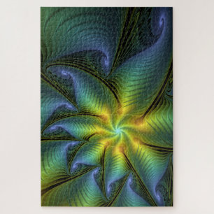 Puzzle Etoile Abstraite, Bleu brillant Vert Or Fractal Ar