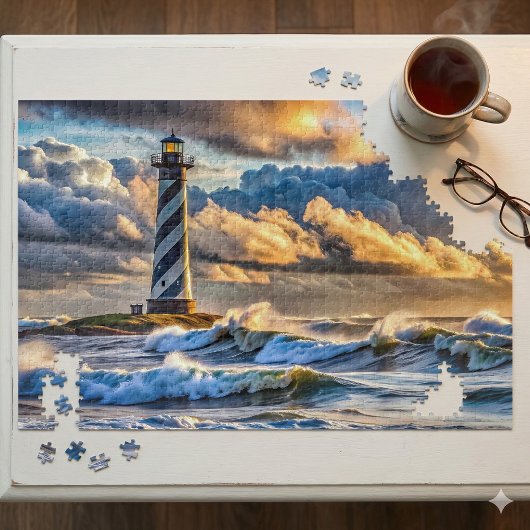Puzzle Faisceau du phare spectaculaire avec des vagues or