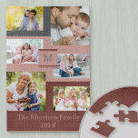 Puzzle Famille 6 Photo Collage Monogramme Nom Rose<br><div class="desc">Puzzle personnalisé avec 6 de vos propres photos, votre nom de famille, monogramme initial et l'année. Le design comprend des photos carrés et des photos de paysages sur un arrière - plan de rose, marron rouge et bleu gris. Joli cadeau familial et avec plus de 1000 pièces, fait pour un...</div>