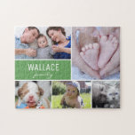 Puzzle Famille de collage photo vert personnalisé<br><div class="desc">Customisez ce puzzle avec leurs photos de famille comme un cadeau amusant. Changez toutes les photos et le nom de famille. Bloc vert. Personnalisez ce puzzle avec 5 photos de votre famille, considérez également inclure les animaux de compagnie, bébé, grands-parents, tantes, oncles etc. pour un cadeau amusant pour les réunions...</div>