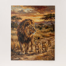 Famille de lions majestueux – Art de la savane dor