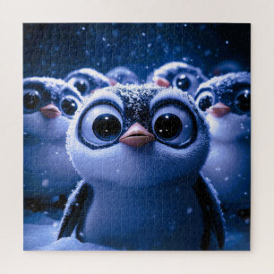 Puzzle Famille de manchots mignons nuit d'hiver enneigée