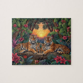 Puzzle Famille de Tigres Coucher de Soleil Jungle Art Tro