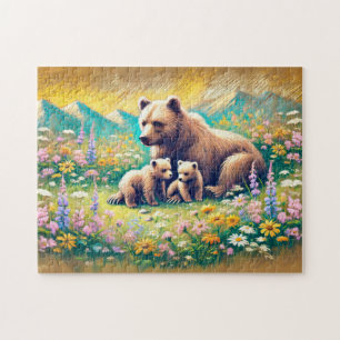 Puzzle Famille d'ours dans un pré de montagne Dessin à la