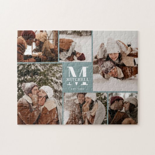 Puzzle Famille moderne 6 Photo Collage Sage Green Keepsak (Horizontal)