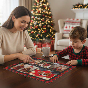 Puzzle Family Name 5 Photo Collage Red Plaid Modern