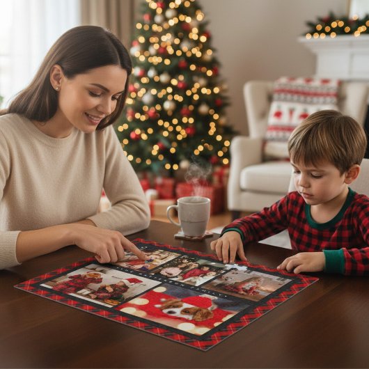 Puzzle Family Name 5 Photo Collage Red Plaid Modern