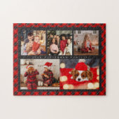 Puzzle Family Name 5 Photo Collage Red Plaid Modern (Horizontal)