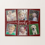 Puzzle Family Script Hearts Dark Red Photo Collage<br><div class="desc">Ce puzzle photo est un cadeau amusant pour toute famille. Il offre 6 cadres photo pour des images d'enfants et de membres de la famille et est accentué avec le texte "famille" apparaissant calligraphie cardiaque moderne. L'arrière - plan est rouge foncé.</div>