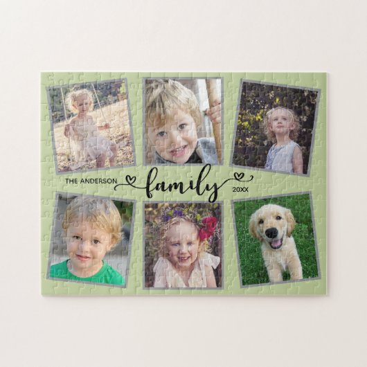 Puzzle Family Script Hearts Green Photo Collage (Horizontal)
