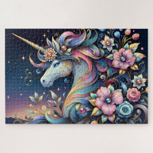 Puzzle Fantaisie de nuit de licorne florale