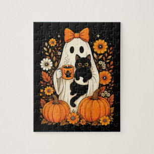 Puzzle Fantôme groovy d'Halloween tenant un chat noir flo