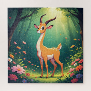 Puzzle Faon de dessin animé adorable parmi des fleurs vib