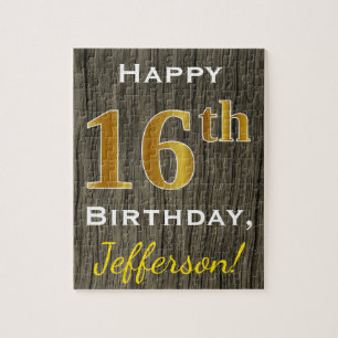 Puzzle Faux Wood, Faux Gold 16e anniversaire + Nom person