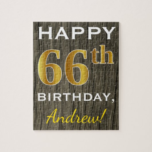 Puzzle Faux Wood, Faux Gold 66e anniversaire + Nom person (Vertical)