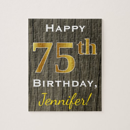 Puzzle Faux Wood, Faux Gold 75e anniversaire + Nom person (Vertical)