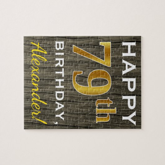 Puzzle Faux Wood, Faux Gold 79e anniversaire + Nom person (Horizontal)