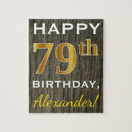 Puzzle Faux Wood, Faux Gold 79e anniversaire + Nom person (Vertical)