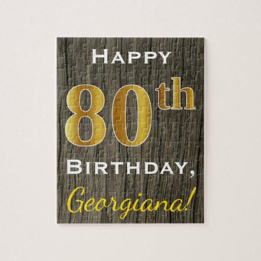 Puzzle Faux Wood, Faux Gold 80e anniversaire + Nom person (Vertical)