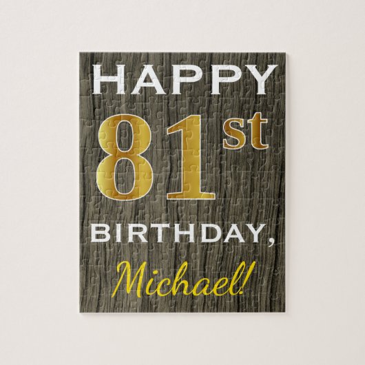 Puzzle Faux Wood, Faux Gold 81e anniversaire + Nom person (Vertical)