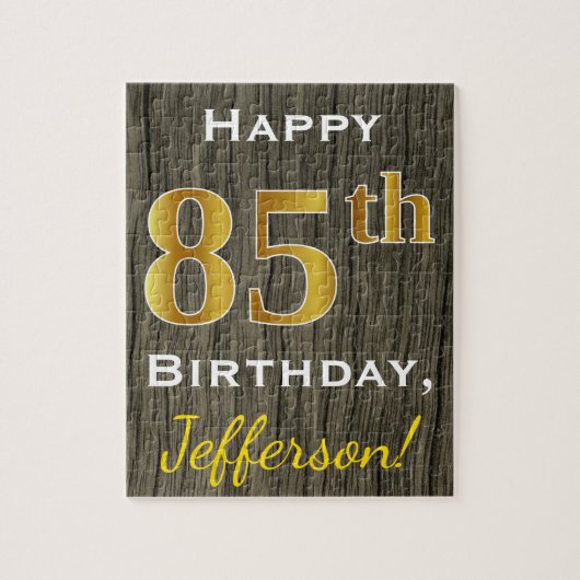 Puzzle Faux Wood, Faux Gold 85e anniversaire + Nom person (Vertical)