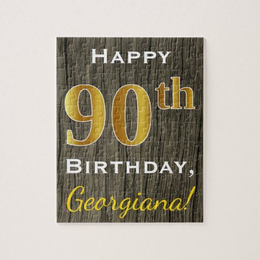 Puzzle Faux Wood, Faux Gold 90e anniversaire + Nom person (Vertical)