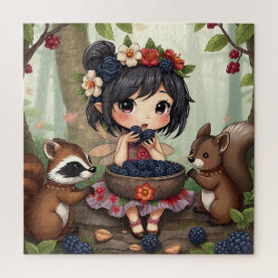 Puzzle Fée Chibi mangeant des mûres avec un ami de la for