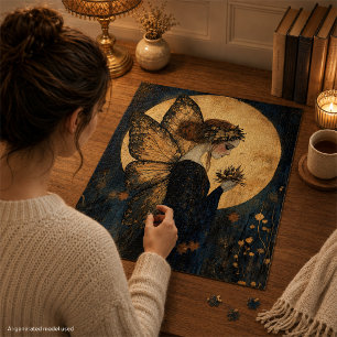 Puzzle Fée de Nuit Magique avec Fleurs sous Lune Dorée