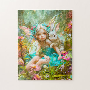 Puzzle Fée des fleurs et lapin doux