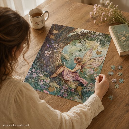 Puzzle Fée enchantée en rose entourée de fleurs