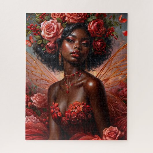 Puzzle Fée Rose à Peau Foncée en Rouge (Vertical)