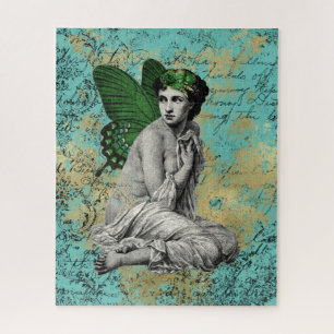 Puzzle Fée verte vintage sur Aqua Ephemera